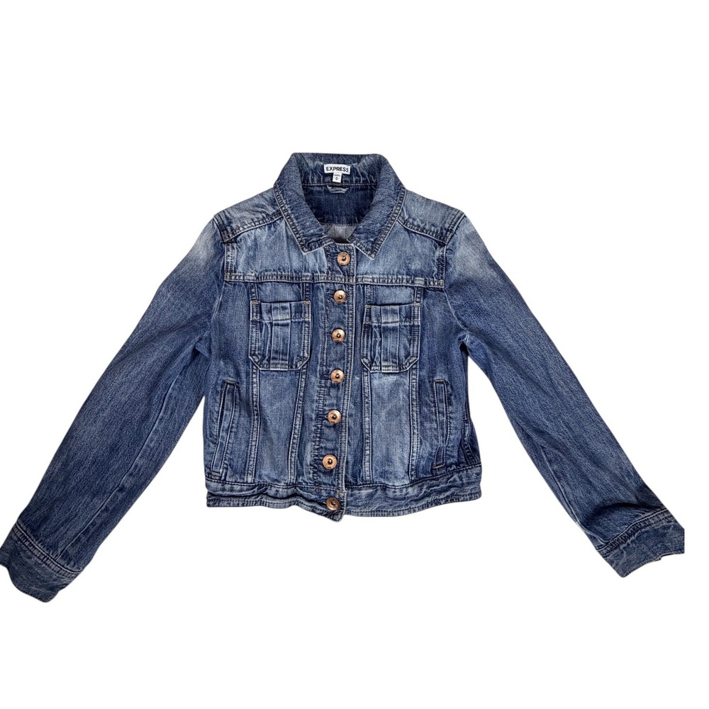 Express Womens Medium Wash Denim Jacket Blue Cropped Button Up Y2K Size XS - Picture 4 of 9